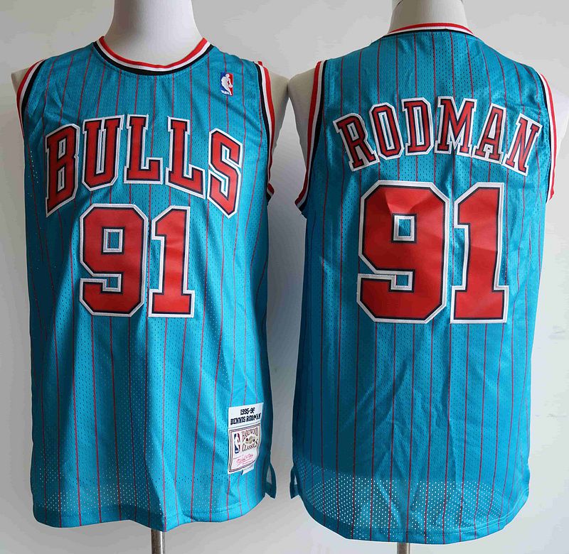 Men Chicago Bulls #91 Rodman Blue stripe NBA Jersey->new york knicks->NBA Jersey